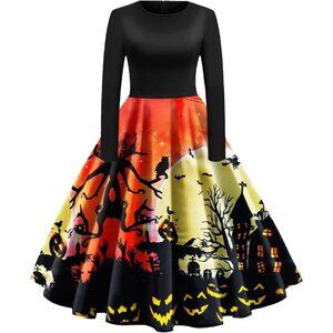 Halloween Dresses Womens Long Sleeve Cocktail Swing Dress Cosplay Party Costume